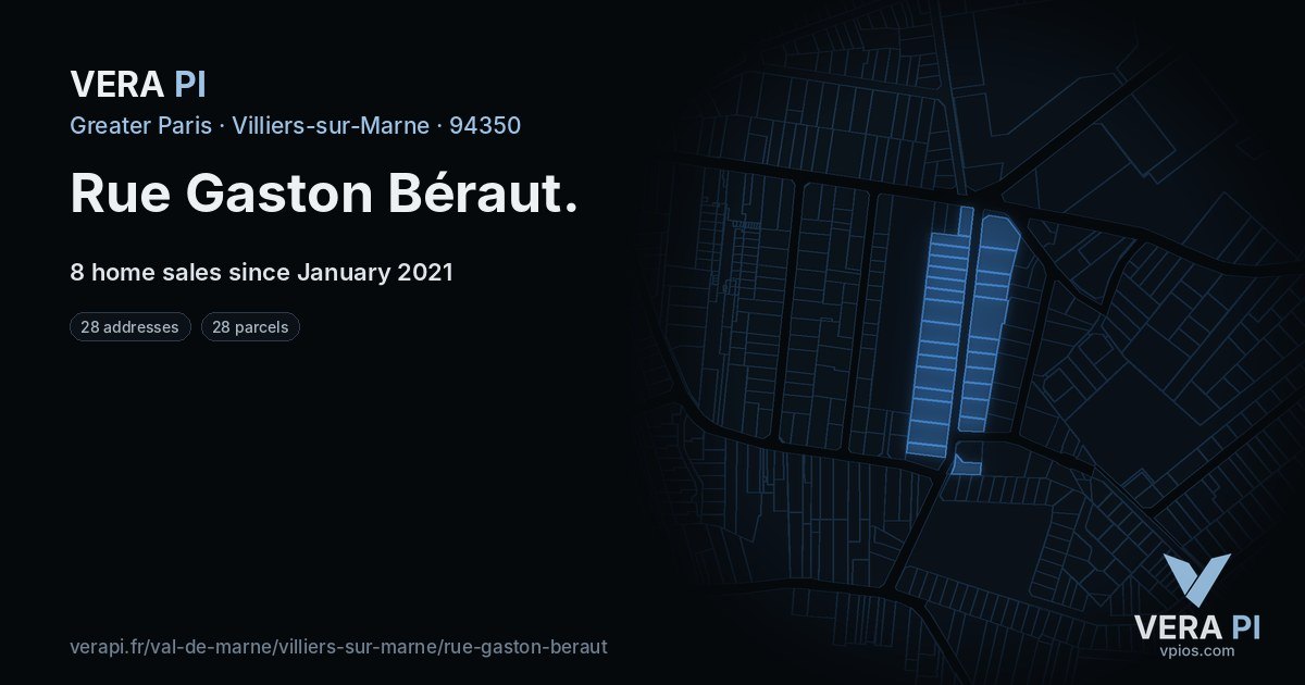 Rue Gaston Béraut, Villiers-sur-Marne at night – every parcel coloured by the prices around it, the street's own parcels lit