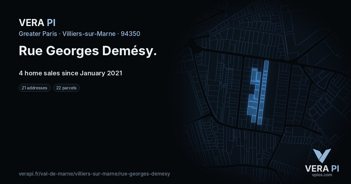 Rue Georges Demésy, Villiers-sur-Marne at night – every parcel coloured by the prices around it, the street's own parcels lit