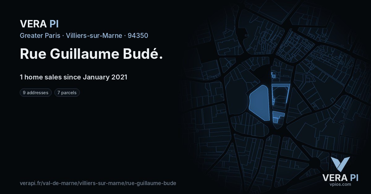 Rue Guillaume Budé, Villiers-sur-Marne at night – every parcel coloured by the prices around it, the street's own parcels lit
