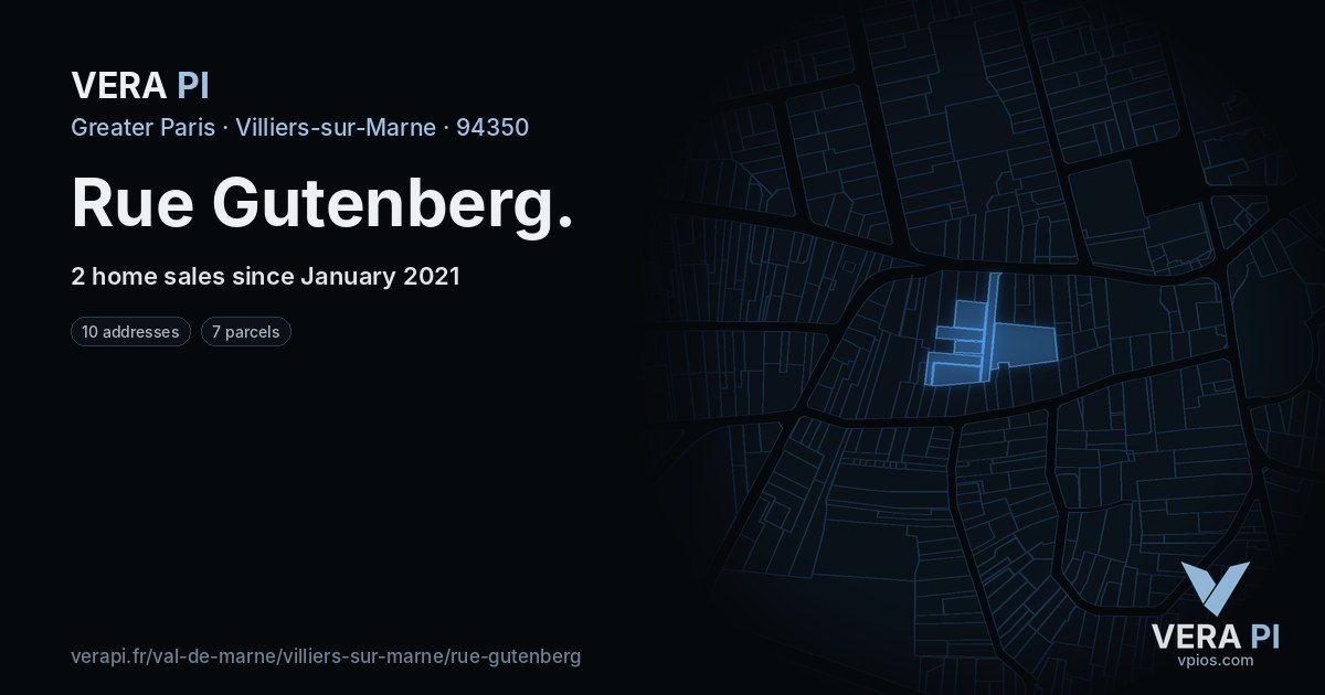 Rue Gutenberg, Villiers-sur-Marne at night – every parcel coloured by the prices around it, the street's own parcels lit