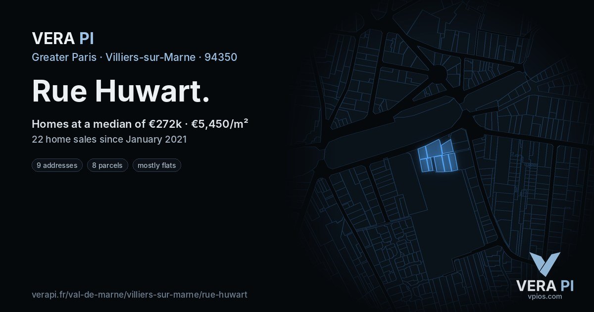 Rue Huwart, Villiers-sur-Marne at night – every parcel coloured by the prices around it, the street's own parcels lit