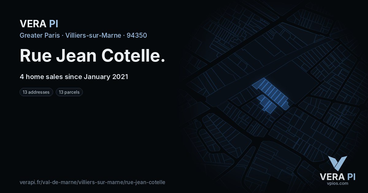 Rue Jean Cotelle, Villiers-sur-Marne at night – every parcel coloured by the prices around it, the street's own parcels lit