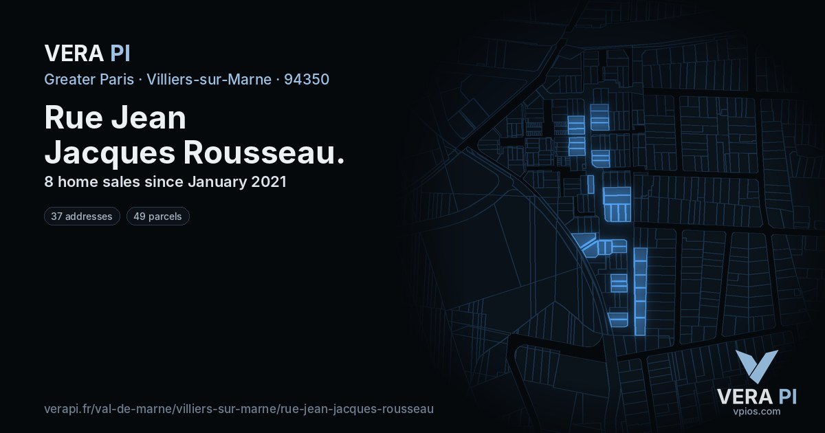 Rue Jean Jacques Rousseau, Villiers-sur-Marne at night – every parcel coloured by the prices around it, the street's own parcels lit