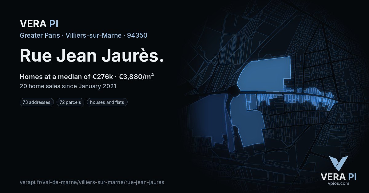 Rue Jean Jaurès, Villiers-sur-Marne at night – every parcel coloured by the prices around it, the street's own parcels lit