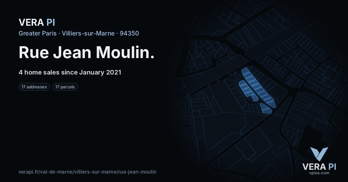 Rue Jean Moulin, Villiers-sur-Marne at night – every parcel coloured by the prices around it, the street's own parcels lit