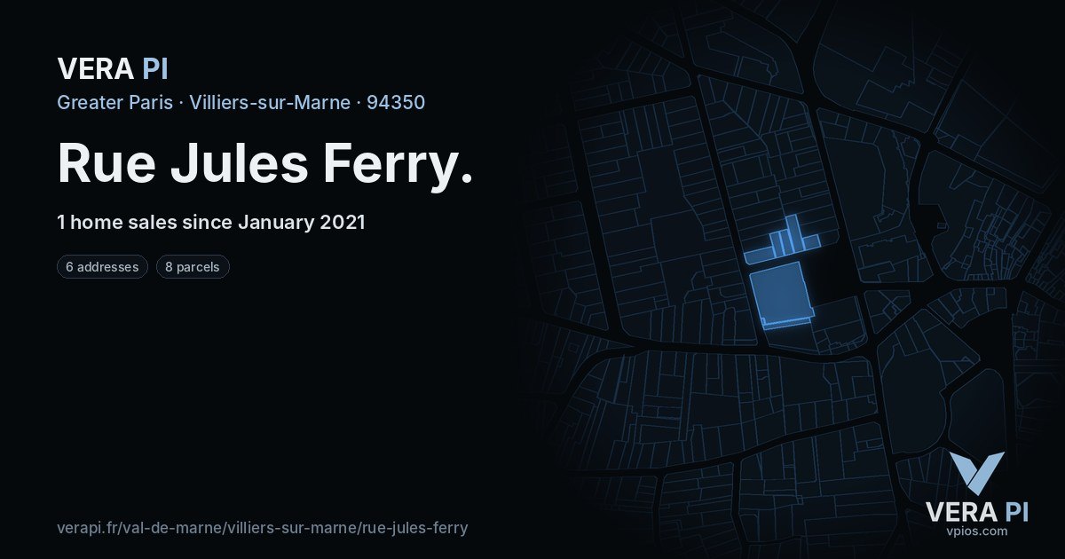 Rue Jules Ferry, Villiers-sur-Marne at night – every parcel coloured by the prices around it, the street's own parcels lit