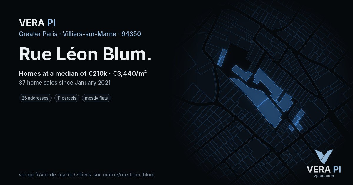 Rue Léon Blum, Villiers-sur-Marne at night – every parcel coloured by the prices around it, the street's own parcels lit