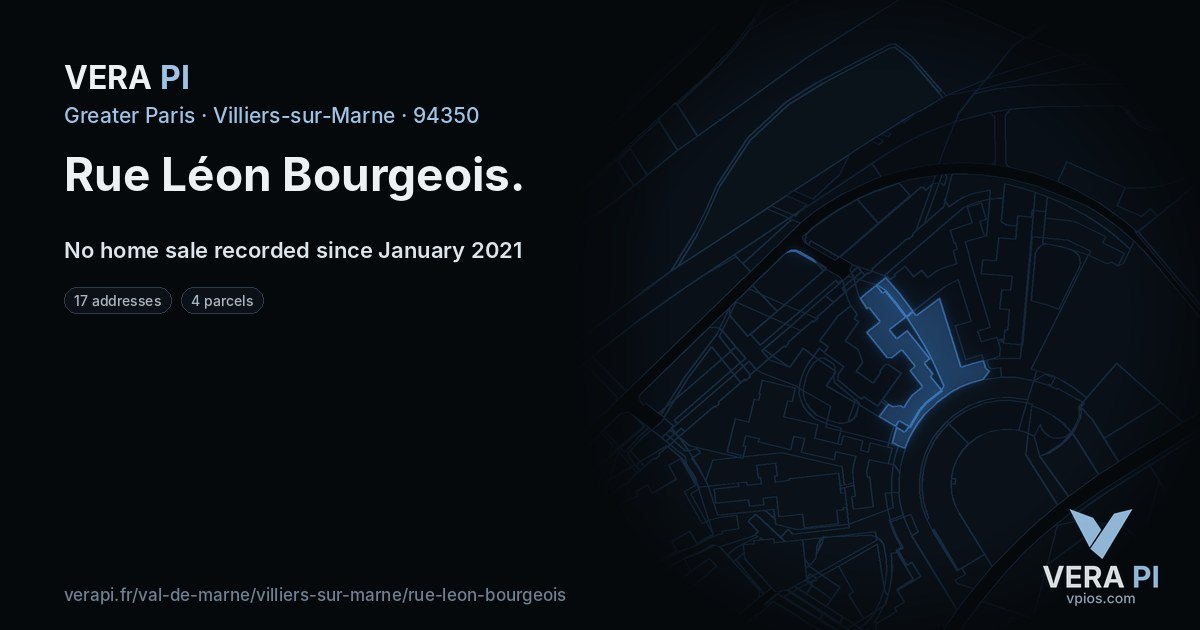 Rue Léon Bourgeois, Villiers-sur-Marne at night – every parcel coloured by the prices around it, the street's own parcels lit