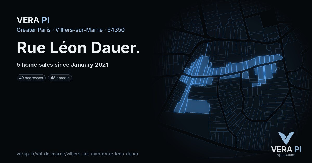 Rue Léon Dauer, Villiers-sur-Marne at night – every parcel coloured by the prices around it, the street's own parcels lit