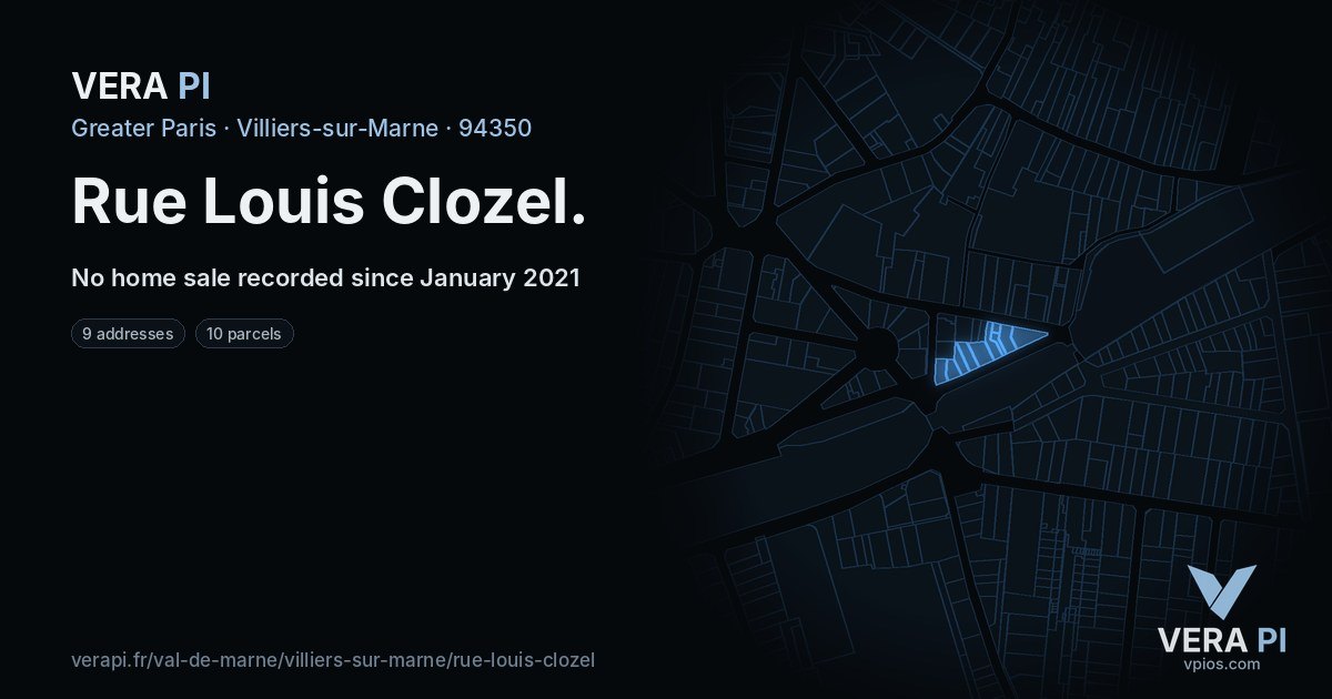 Rue Louis Clozel, Villiers-sur-Marne at night – every parcel coloured by the prices around it, the street's own parcels lit