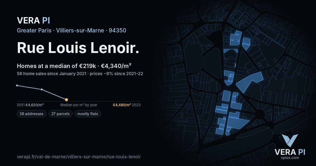 Rue Louis Lenoir, Villiers-sur-Marne at night – every parcel coloured by the prices around it, the street's own parcels lit