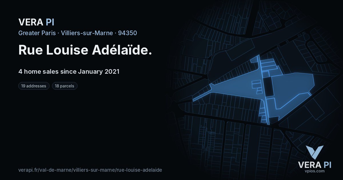 Rue Louise Adélaïde, Villiers-sur-Marne at night – every parcel coloured by the prices around it, the street's own parcels lit