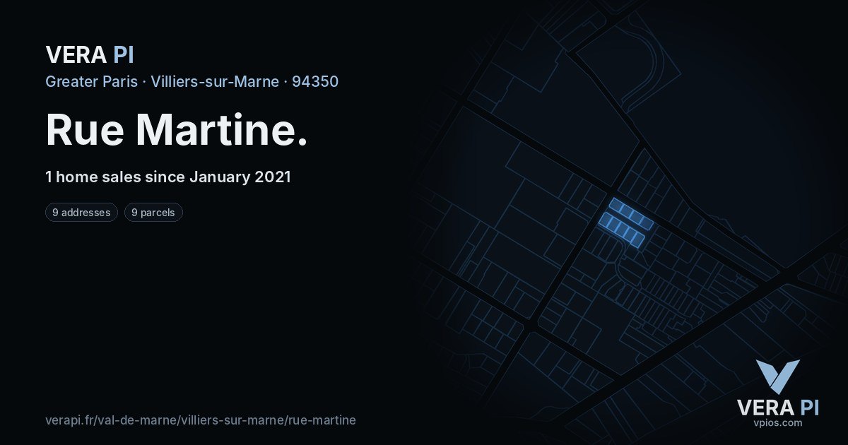 Rue Martine, Villiers-sur-Marne at night – every parcel coloured by the prices around it, the street's own parcels lit