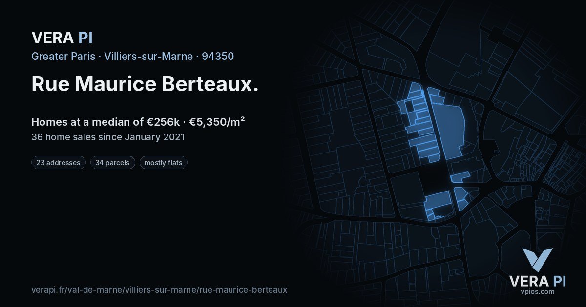 Rue Maurice Berteaux, Villiers-sur-Marne at night – every parcel coloured by the prices around it, the street's own parcels lit