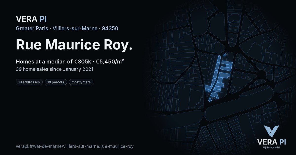 Rue Maurice Roy, Villiers-sur-Marne at night – every parcel coloured by the prices around it, the street's own parcels lit