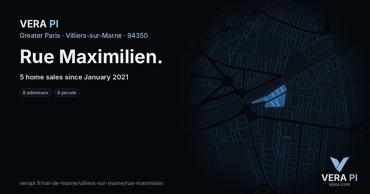 Rue Maximilien, Villiers-sur-Marne at night – every parcel coloured by the prices around it, the street's own parcels lit