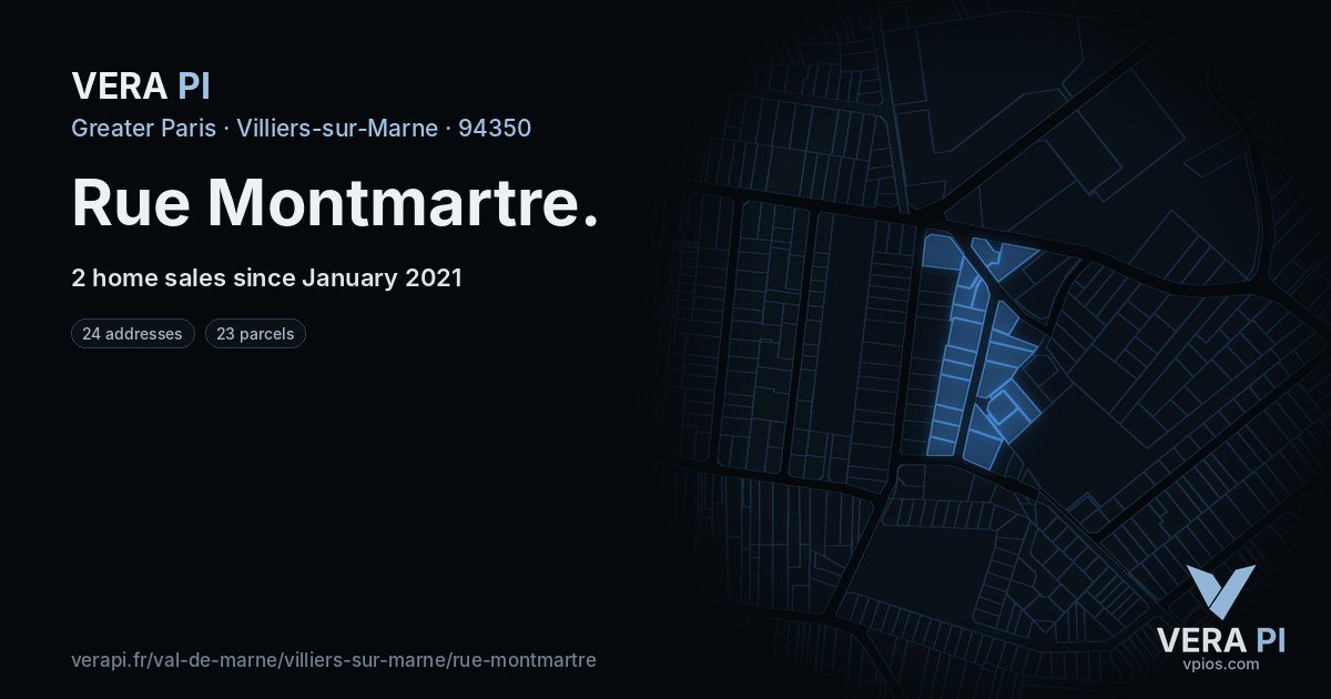 Rue Montmartre, Villiers-sur-Marne at night – every parcel coloured by the prices around it, the street's own parcels lit