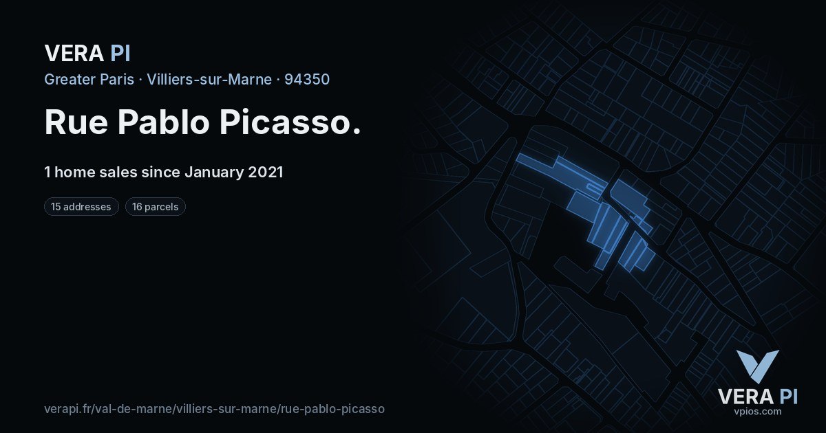 Rue Pablo Picasso, Villiers-sur-Marne at night – every parcel coloured by the prices around it, the street's own parcels lit