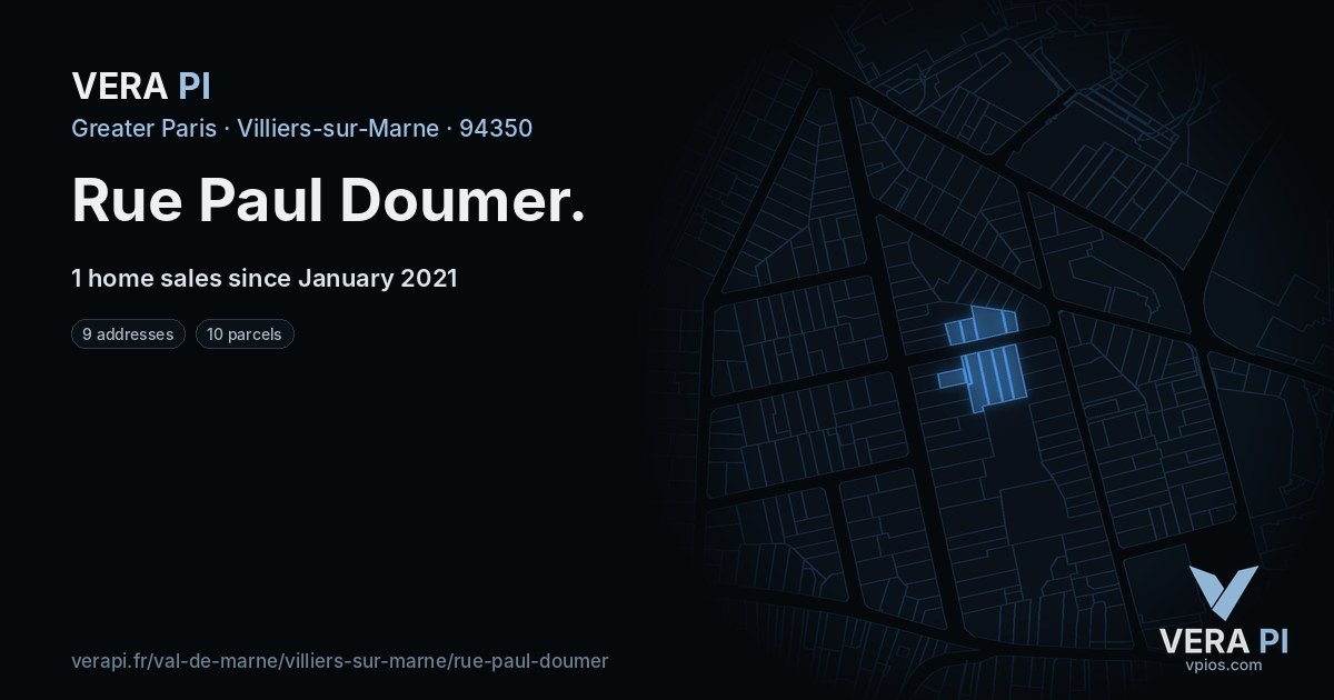 Rue Paul Doumer, Villiers-sur-Marne at night – every parcel coloured by the prices around it, the street's own parcels lit