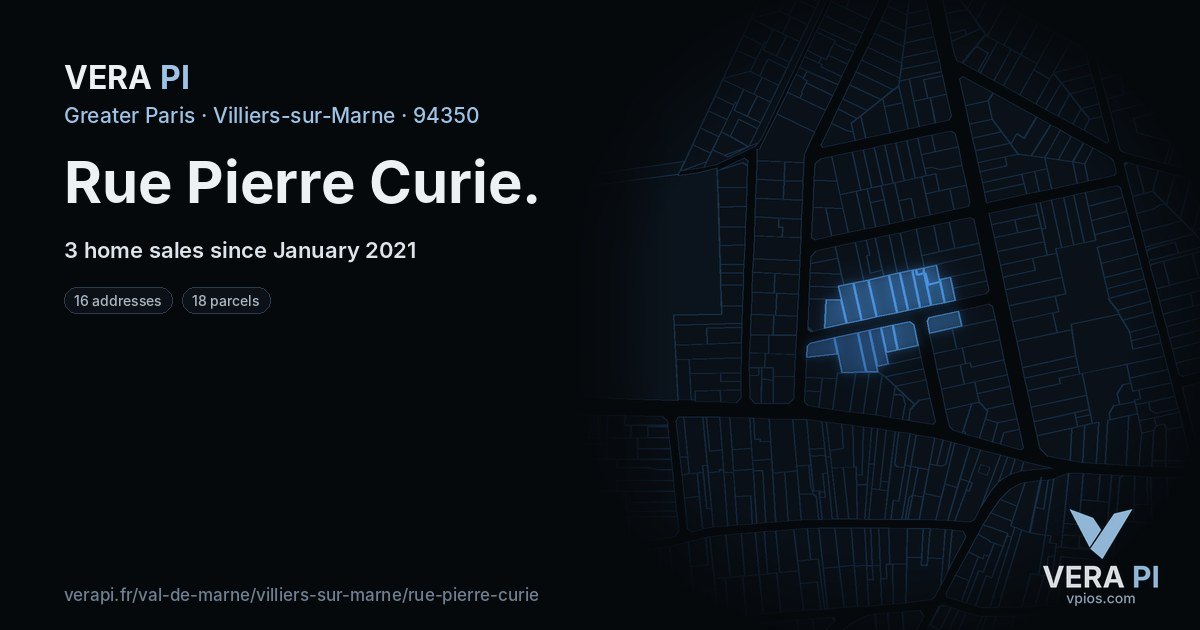 Rue Pierre Curie, Villiers-sur-Marne at night – every parcel coloured by the prices around it, the street's own parcels lit