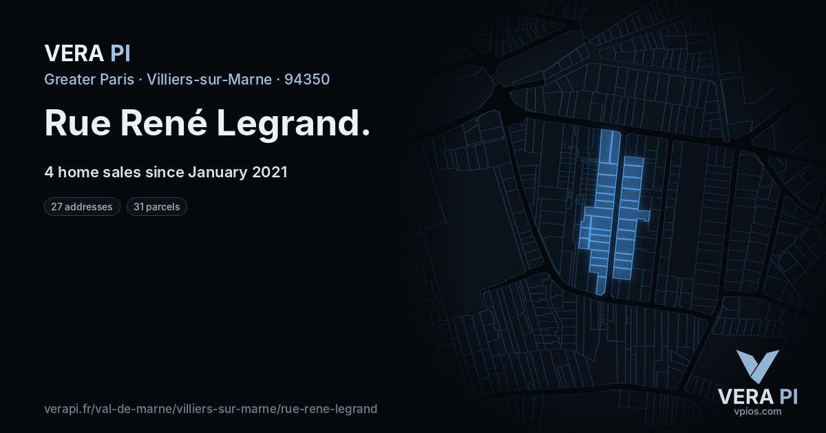 Rue René Legrand, Villiers-sur-Marne at night – every parcel coloured by the prices around it, the street's own parcels lit