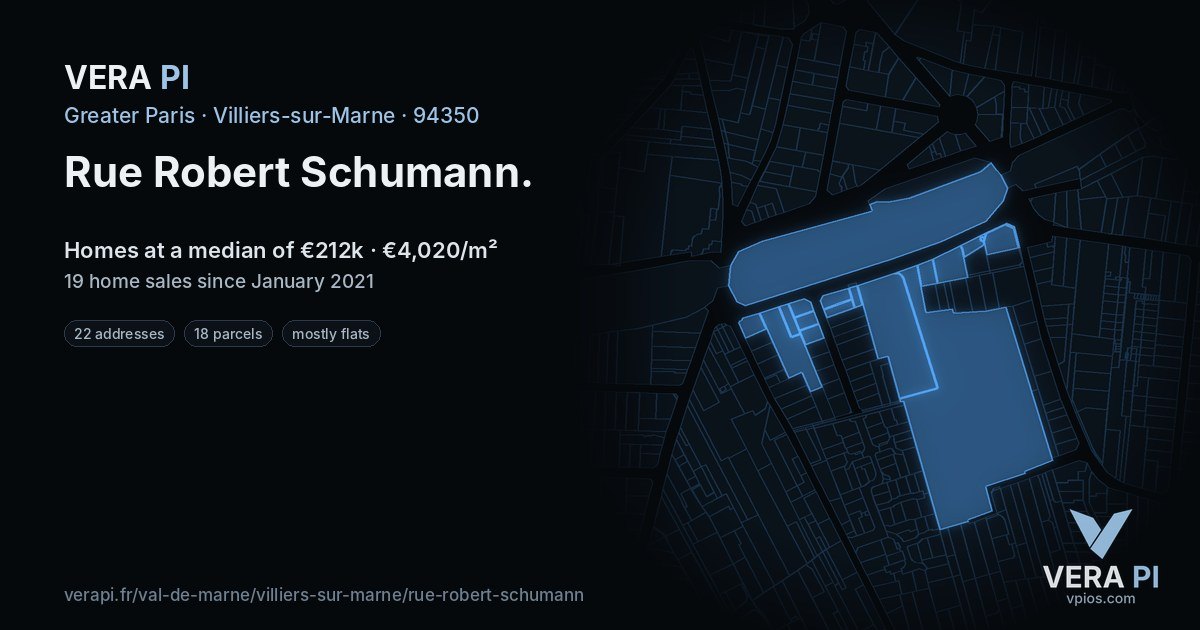 Rue Robert Schumann, Villiers-sur-Marne at night – every parcel coloured by the prices around it, the street's own parcels lit