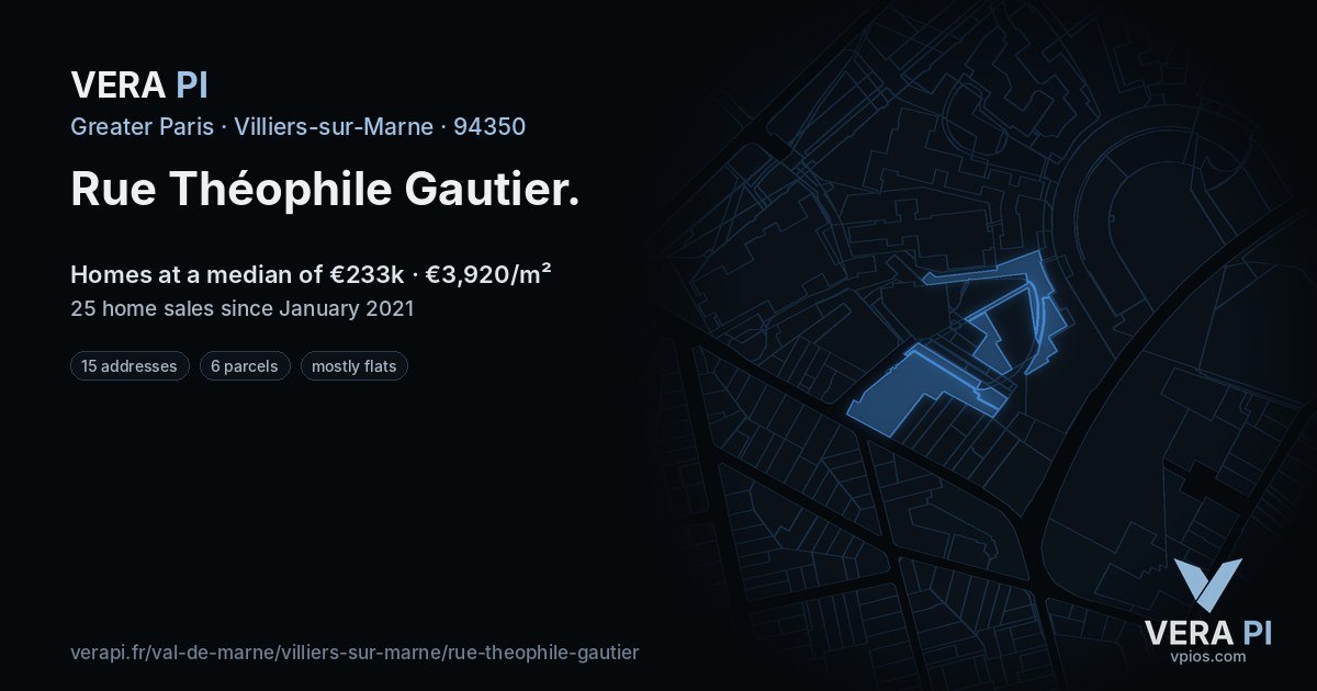 Rue Théophile Gautier, Villiers-sur-Marne at night – every parcel coloured by the prices around it, the street's own parcels lit