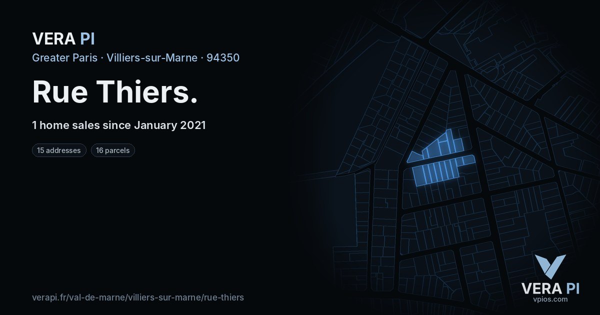 Rue Thiers, Villiers-sur-Marne at night – every parcel coloured by the prices around it, the street's own parcels lit
