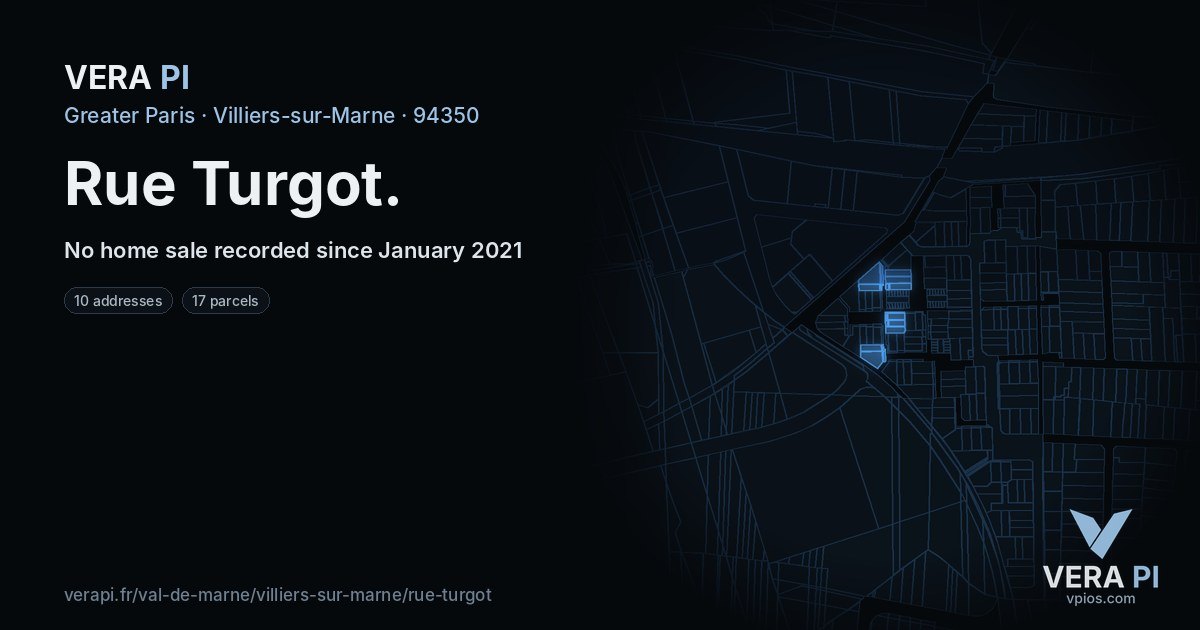 Rue Turgot, Villiers-sur-Marne at night – every parcel coloured by the prices around it, the street's own parcels lit