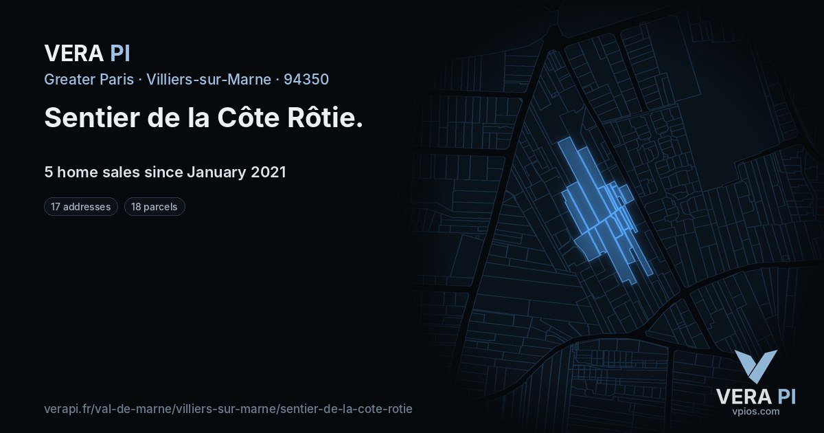 Sentier de la Côte Rôtie, Villiers-sur-Marne at night – every parcel coloured by the prices around it, the street's own parcels lit