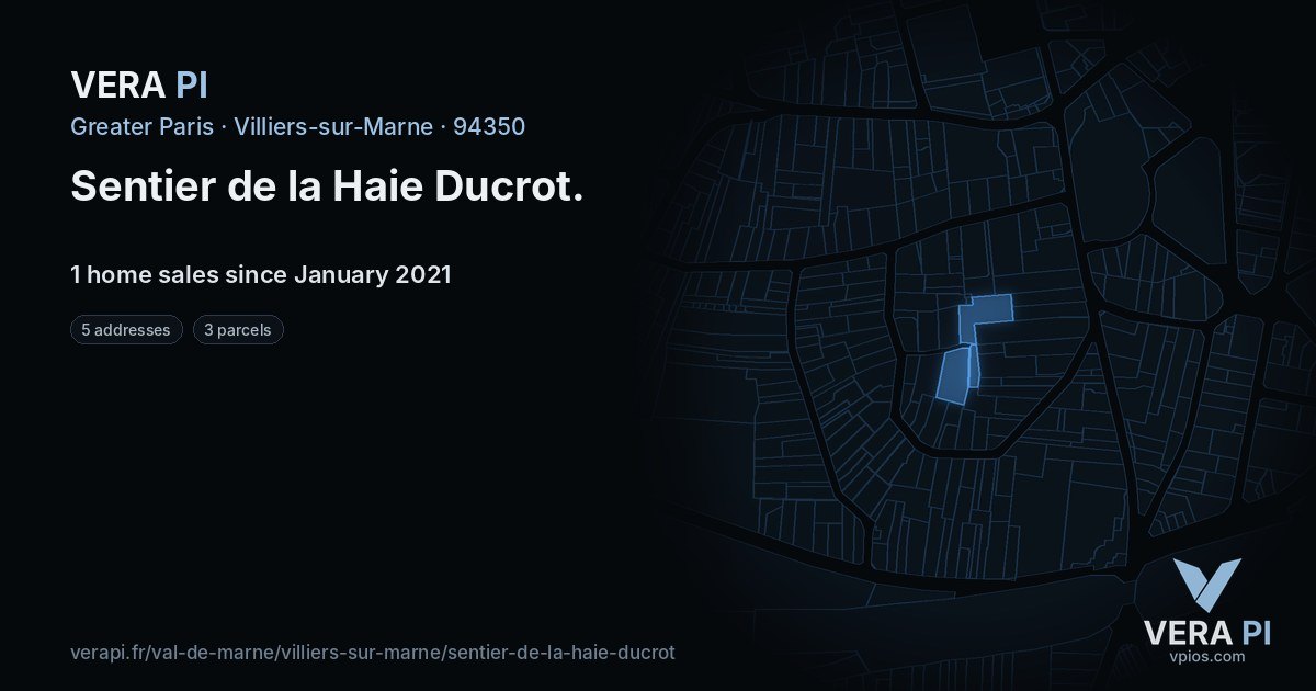 Sentier de la Haie Ducrot, Villiers-sur-Marne at night – every parcel coloured by the prices around it, the street's own parcels lit