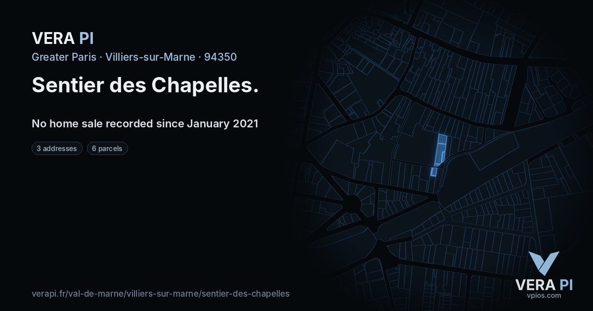 Sentier des Chapelles, Villiers-sur-Marne at night – every parcel coloured by the prices around it, the street's own parcels lit