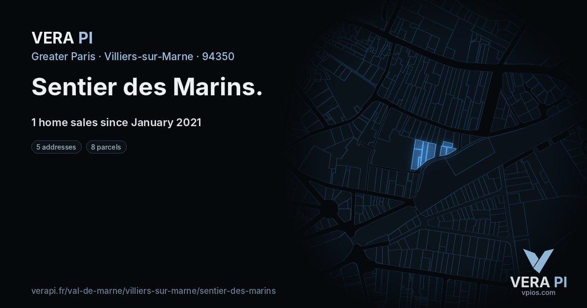 Sentier des Marins, Villiers-sur-Marne at night – every parcel coloured by the prices around it, the street's own parcels lit