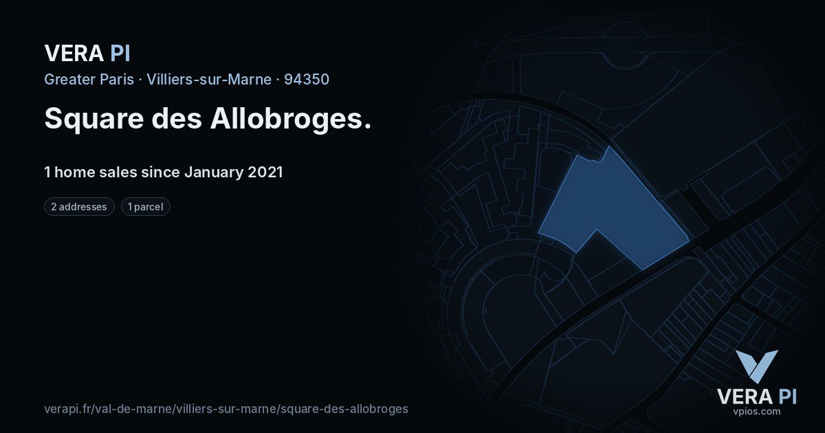 Square des Allobroges, Villiers-sur-Marne at night – every parcel coloured by the prices around it, the street's own parcels lit