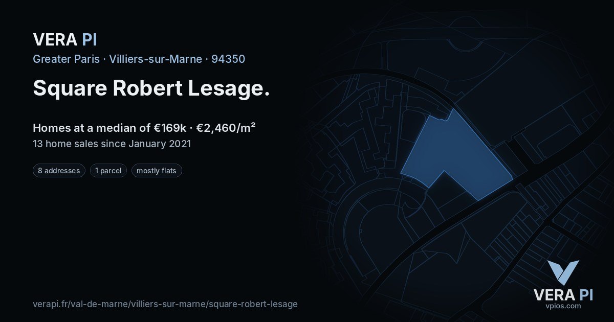 Square Robert Lesage, Villiers-sur-Marne at night – every parcel coloured by the prices around it, the street's own parcels lit