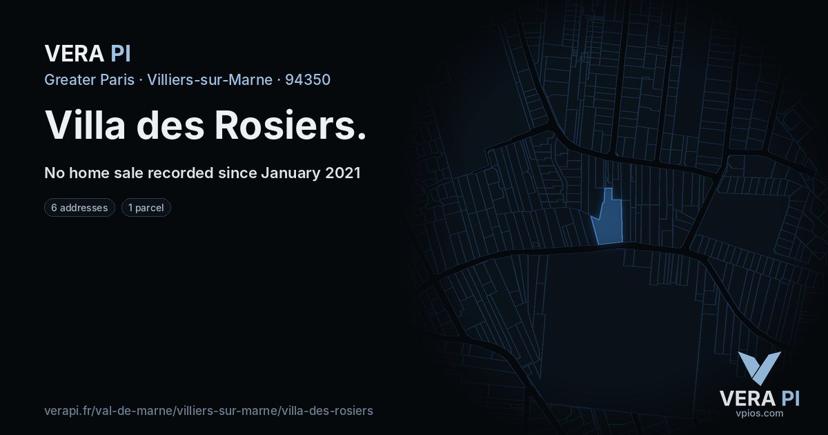 Villa des Rosiers, Villiers-sur-Marne at night – every parcel coloured by the prices around it, the street's own parcels lit