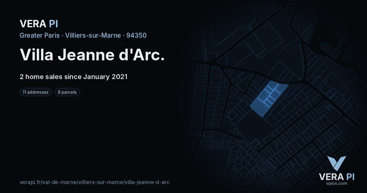 Villa Jeanne d'Arc, Villiers-sur-Marne at night – every parcel coloured by the prices around it, the street's own parcels lit