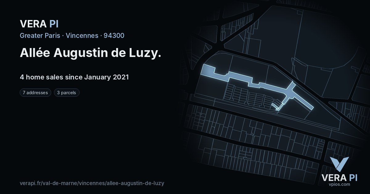 Allée Augustin de Luzy, Vincennes at night – every parcel coloured by the prices around it, the street's own parcels lit