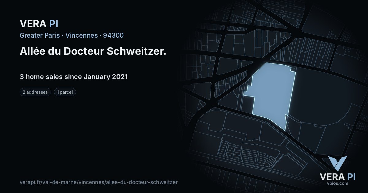 Allée du Docteur Schweitzer, Vincennes at night – every parcel coloured by the prices around it, the street's own parcels lit