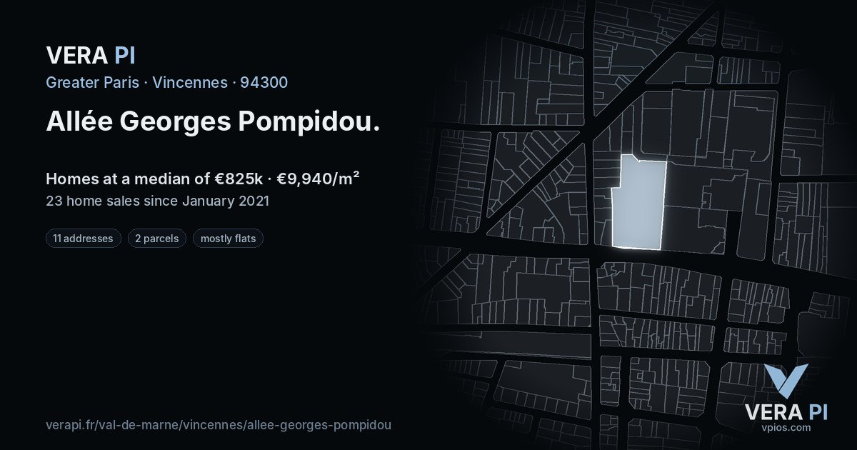 Allée Georges Pompidou, Vincennes at night – every parcel coloured by the prices around it, the street's own parcels lit