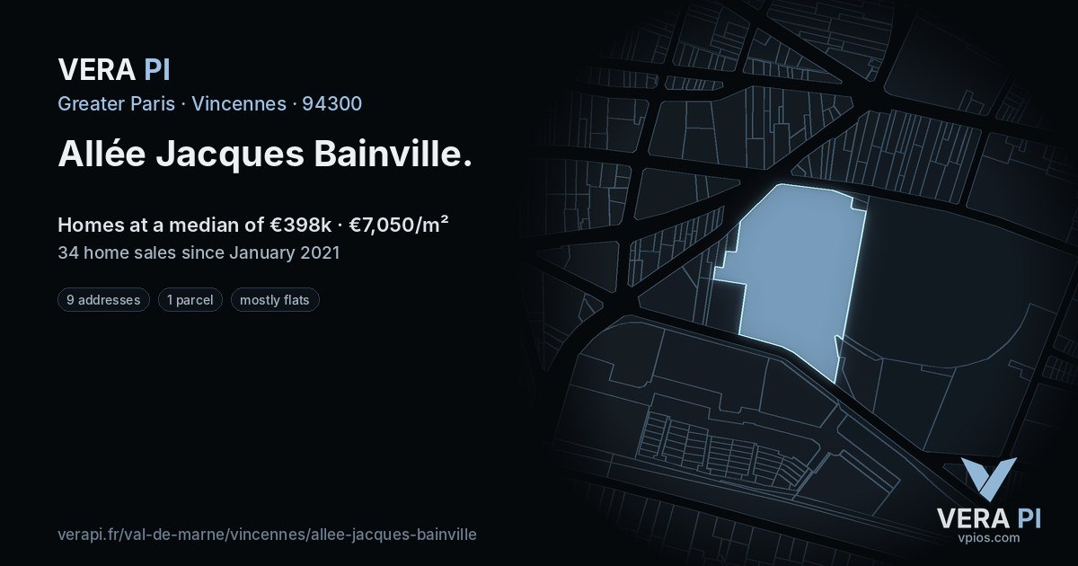 Allée Jacques Bainville, Vincennes at night – every parcel coloured by the prices around it, the street's own parcels lit