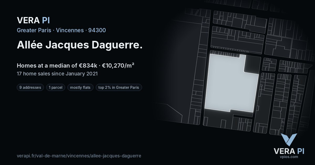 Allée Jacques Daguerre, Vincennes at night – every parcel coloured by the prices around it, the street's own parcels lit