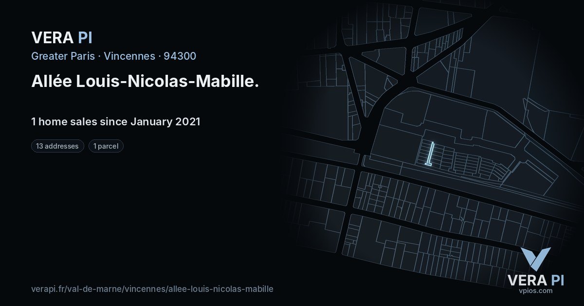 Allée Louis-Nicolas-Mabille, Vincennes at night – every parcel coloured by the prices around it, the street's own parcels lit