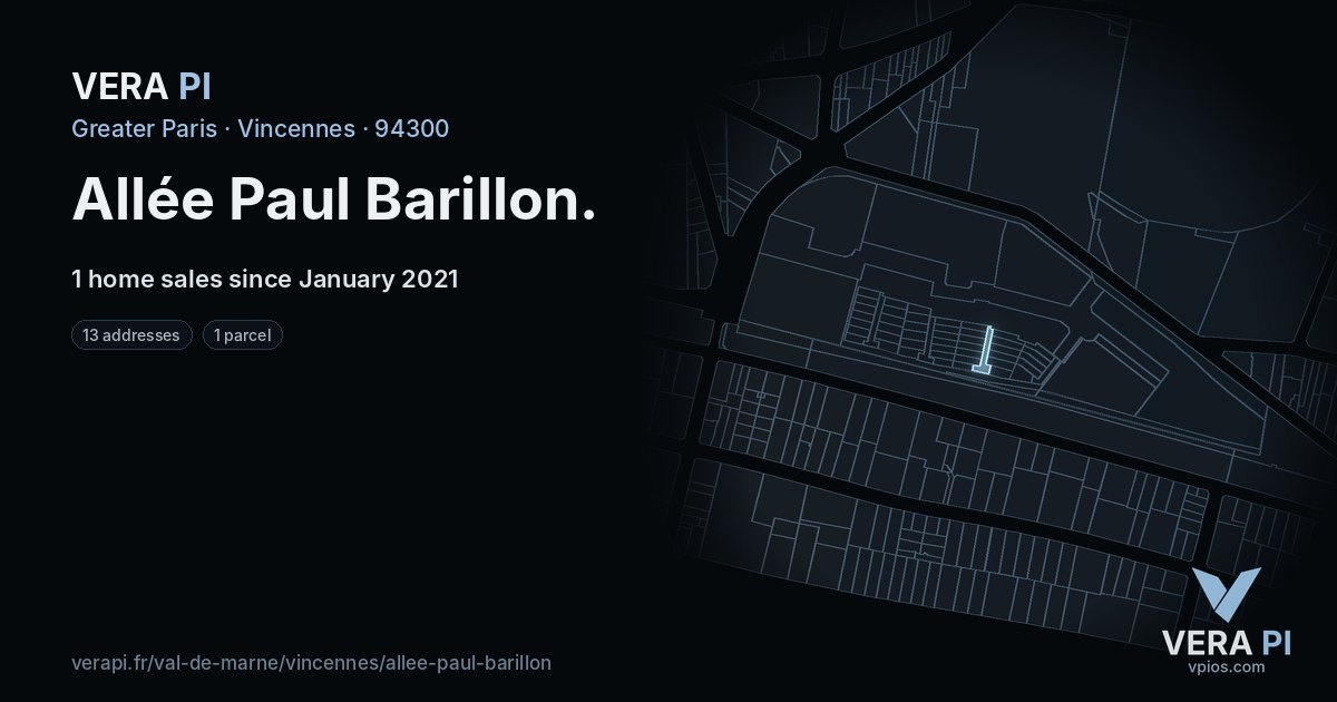 Allée Paul Barillon, Vincennes at night – every parcel coloured by the prices around it, the street's own parcels lit