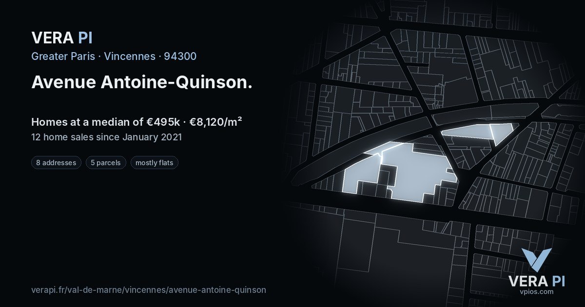 Avenue Antoine-Quinson, Vincennes at night – every parcel coloured by the prices around it, the street's own parcels lit