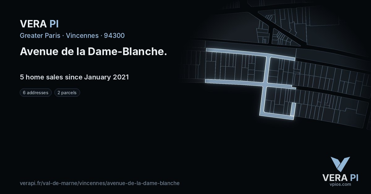 Avenue de la Dame-Blanche, Vincennes at night – every parcel coloured by the prices around it, the street's own parcels lit