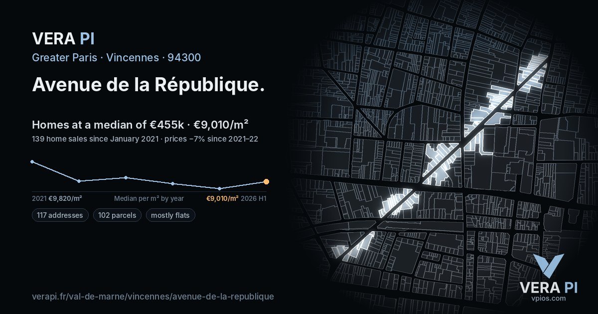 Avenue de la République, Vincennes at night – every parcel coloured by the prices around it, the street's own parcels lit