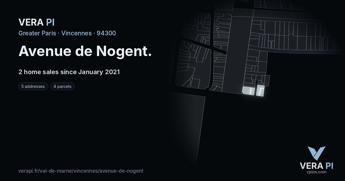 Avenue de Nogent, Vincennes at night – every parcel coloured by the prices around it, the street's own parcels lit