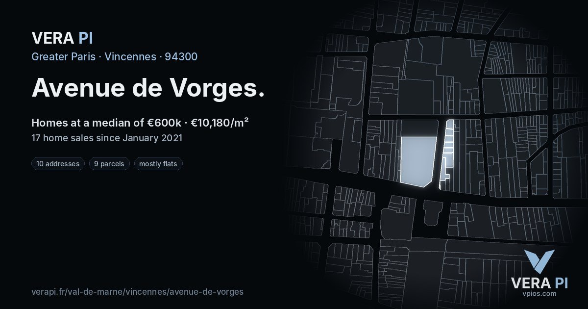 Avenue de Vorges, Vincennes at night – every parcel coloured by the prices around it, the street's own parcels lit