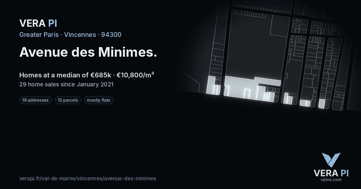 Avenue des Minimes, Vincennes at night – every parcel coloured by the prices around it, the street's own parcels lit
